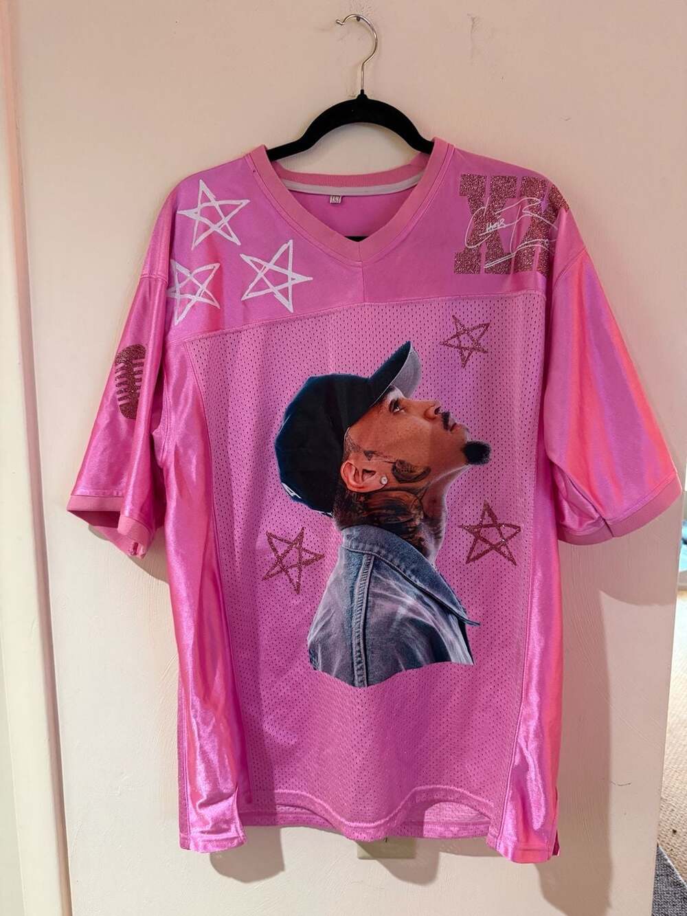Chris Brown Breezy Bowl XX Pink Mesh Jersey Size L Glitter Graphic Fan Shirt